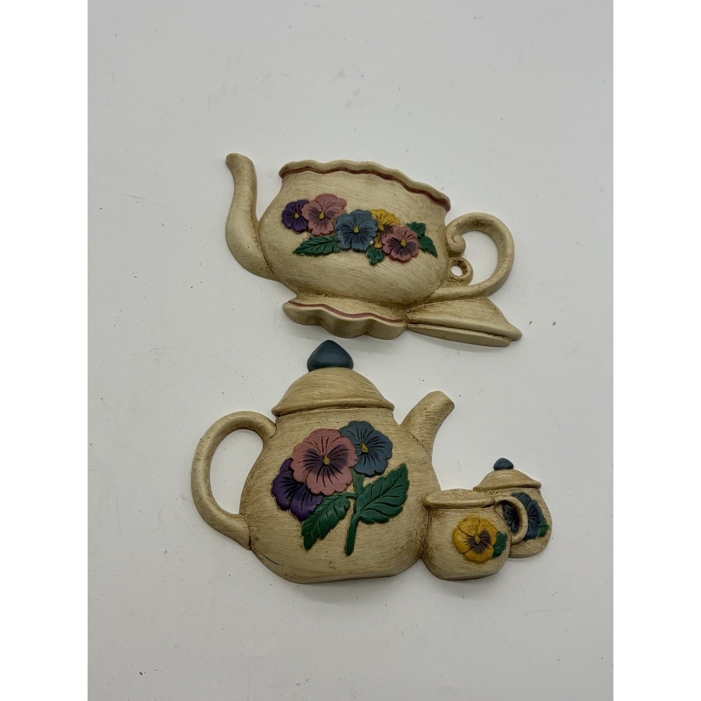 2 VTG Burwood Home Interiors Tea Pot Pansies Wall Plaque Decor Hanging Flowers